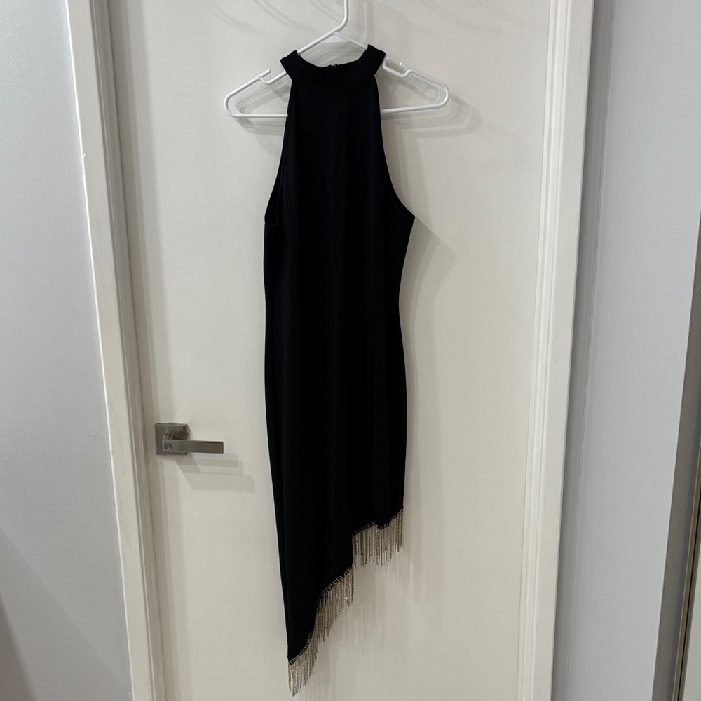 VENUS Black Asymmetrical Dress with Rhinestone Fringe Halter neckline Large